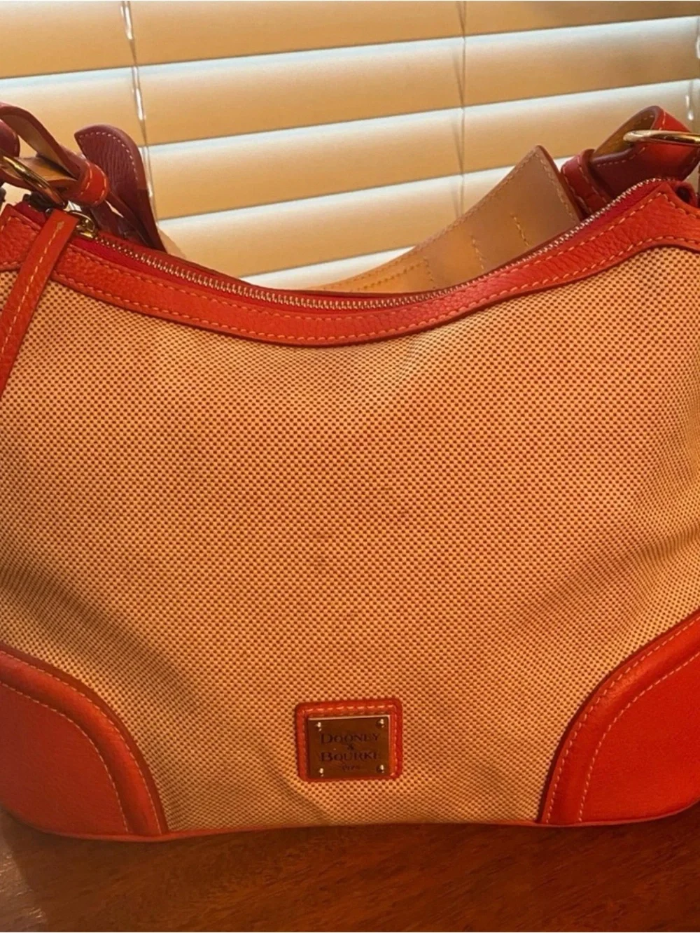 Dooney & Bourke Beige Canvas Shoulder Bag with Orange Leather Trim